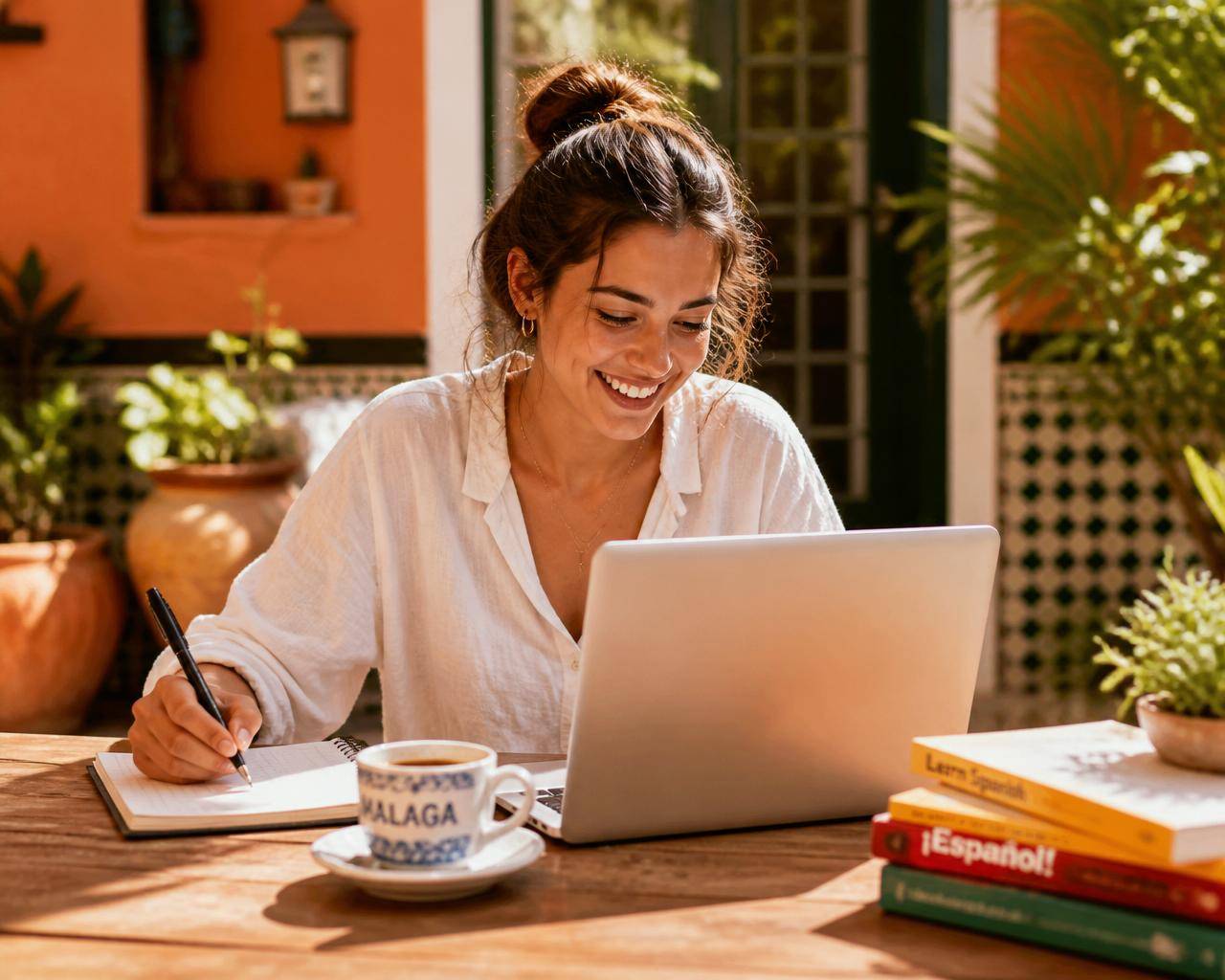 Studente felice durante una lezione di spagnolo online